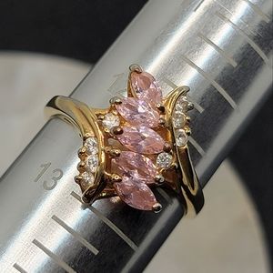 Vintage Bypass Marquise Pink Gem Simulated Diamond Gold Tone Ring